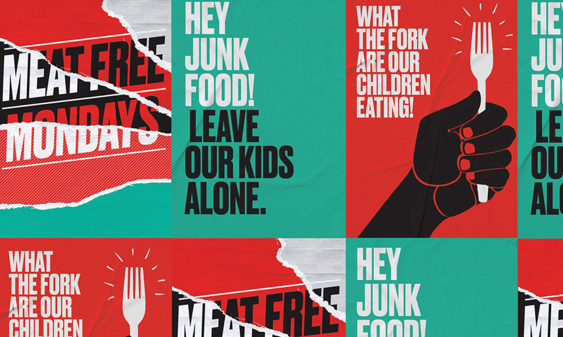 Fly posters with slogans for Jamie Oliver’s Food Revolution campaign.