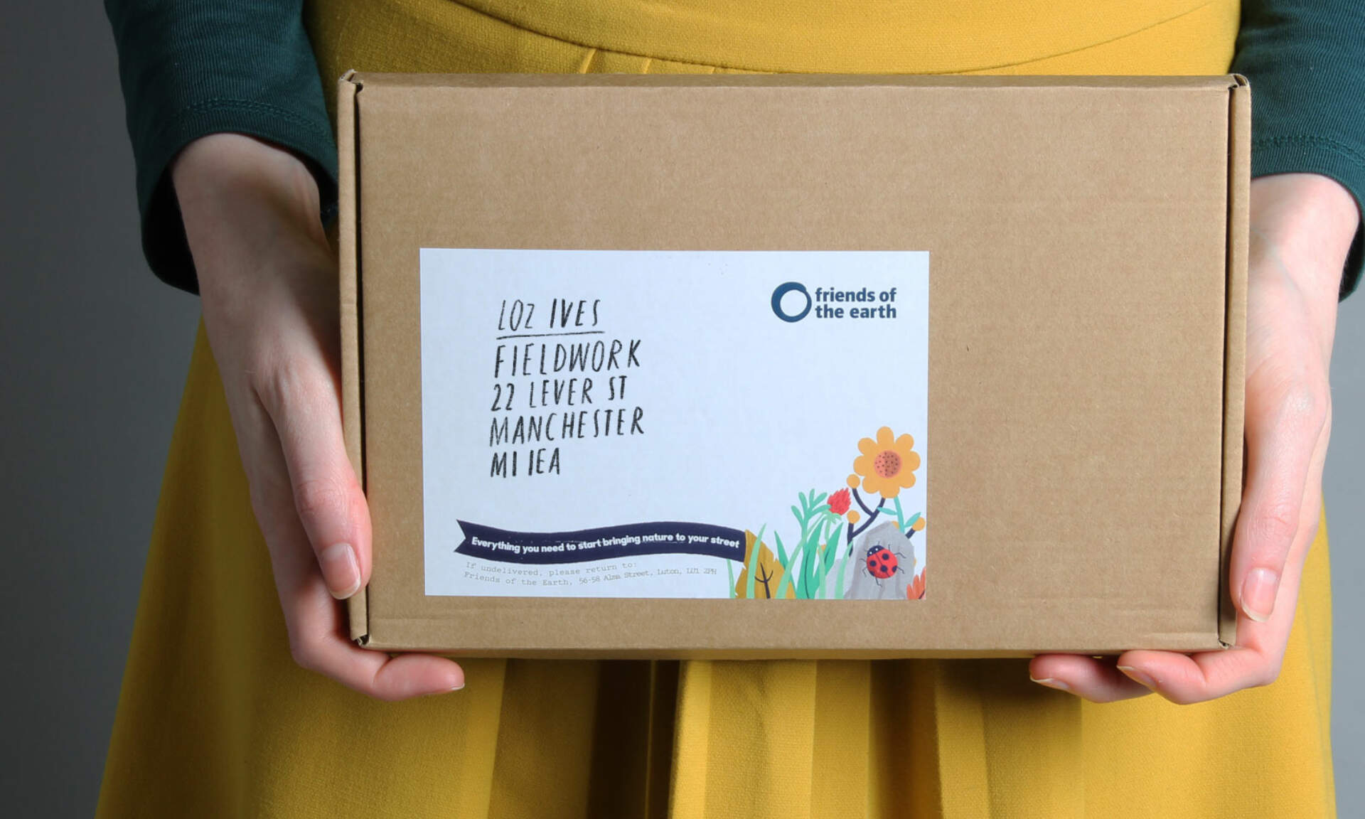 Postal packaging and label for the Friends of the Earth Nature Kit.